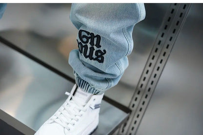 American high-street letter embroidered washed denim jeans fashion loose-fitting jogger harem pants slim-fit casual pants