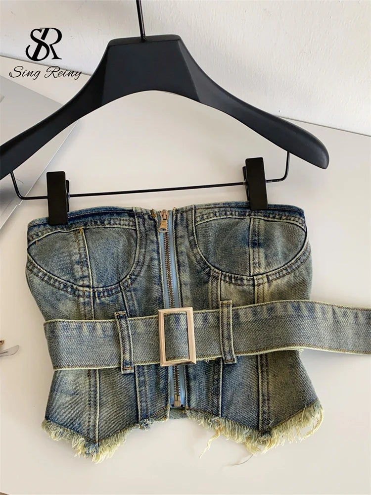 SINGREINY Vintage Denim Strapless Camis Backless Irregular Raw Hem Slim Distressed Crop Top Ladies Sashes Sexy Club Lingerie Top