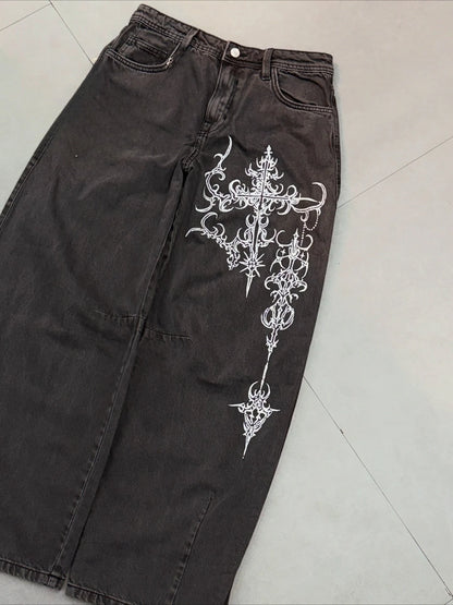 Y2K Hip-hop Jeans Vintage Straight Leg Denim Pants Streetwear Graffiti Print Casual Wide Leg Trousers Baggy Daily Wear Jeans
