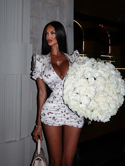 Women's Puff-Sleeve V-Neck Bodycon Dress