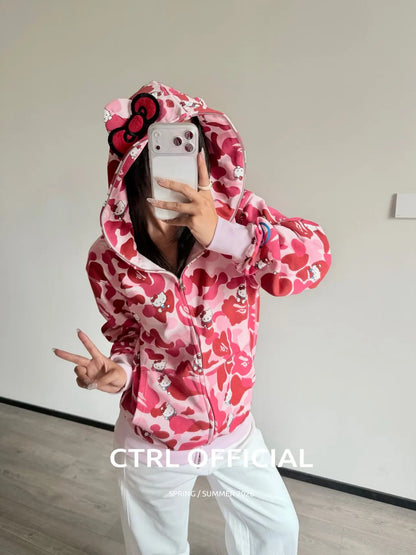 In  Stock  Anime Hello Kittys Hooded Jacket Girl Commuting Coat Jacket Kuromi Anime 3d Ears Hooded Cute Leopard Print Clothes