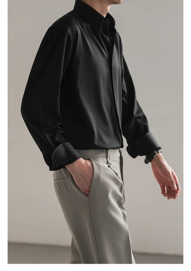 Black White Shirt Men Fashion Social Mens Dress Shirt Korean Loose Long Sleeved Shirt Mens Office Formal Shirts Ice Silk M-2XL