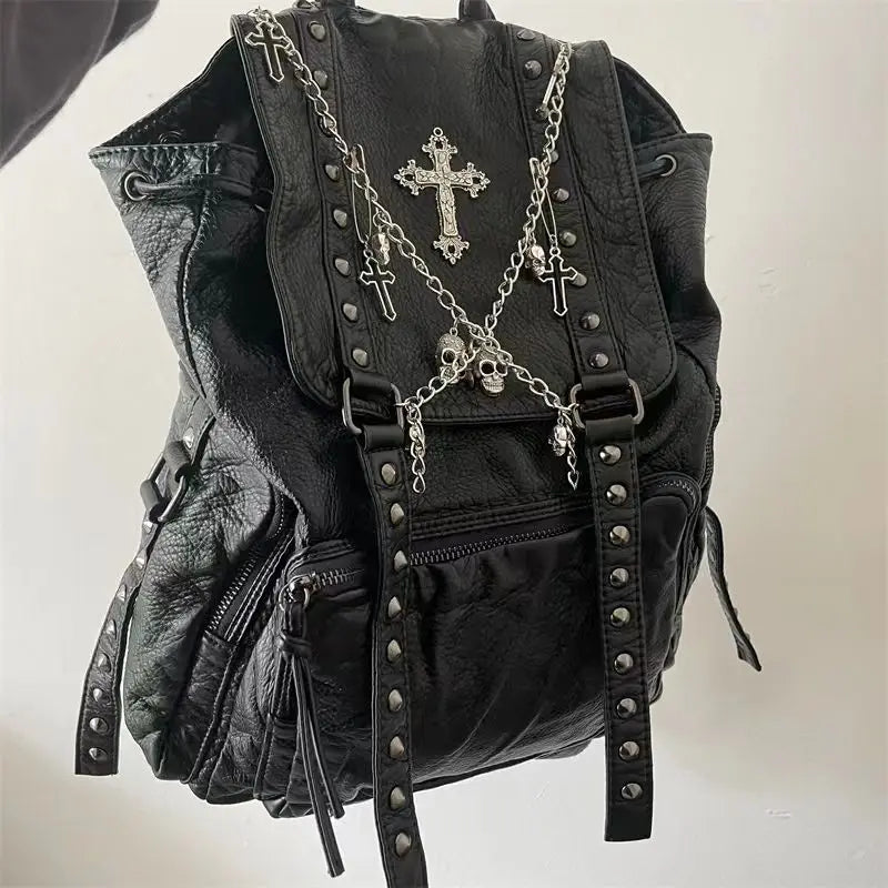 Gothic Y2k Backpack Black Grunge School Bags Pu Leather Cross Skeleton Punk Backpack Aesthetic Fashion Female Vintage Backpack