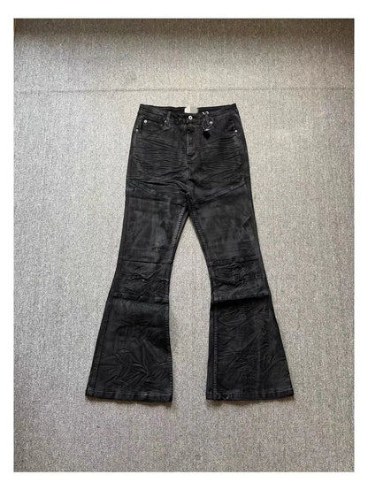 American retro heavy industry men and women black gothic retro casual loose jeans High street coated micro-flare jeans