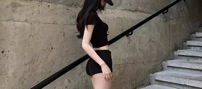 Spicy Short Sleeve Cotton T-Shirt Women's Summer Slim Fit Black Printed Top Korean Style Commute Fashion Belly Button Outfit
