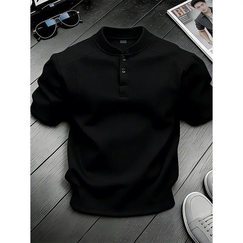 White Henry Collar  Shirt Men's Summer Splice Design Short Sleeve Cleanfit Heavyweight Half Sleeve Business Casual T-Shirt