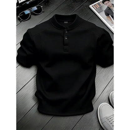 White Henry Collar  Shirt Men's Summer Splice Design Short Sleeve Cleanfit Heavyweight Half Sleeve Business Casual T-Shirt