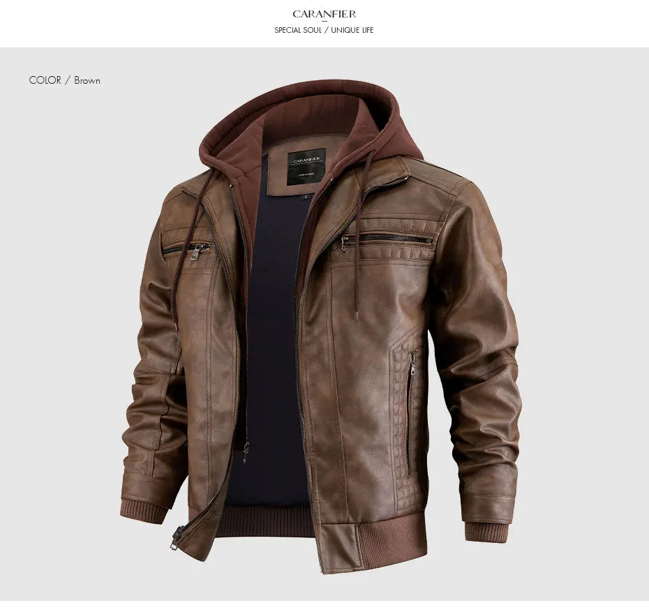 CARANFIER Men PU Leather Jacket Male Moto Biker Hooded Luxury Coats Clothing Faux Vintage Outerwear Chaqueta Hombre Dropshipping