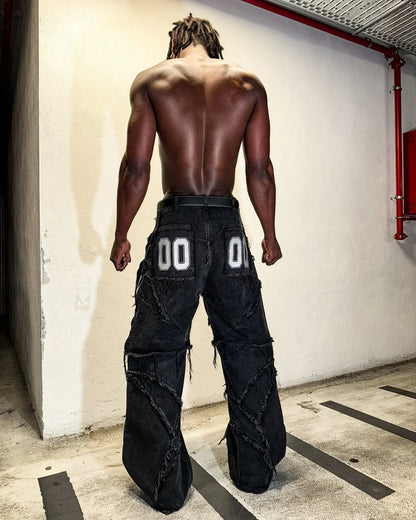 Y2k Patchwork Stripe Embroidery Fur Edge Jeans Fashion America Retro Zipper Splicing Baggy Jeans Punk Men Black Denim Pants