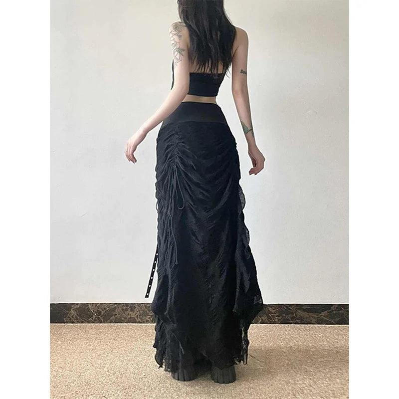 Gothic Punk Style Printed Black Long Skirt for Women Summer New Fashion Spicy Girls Strap Sexy High Waist Slimming y2k Skirts