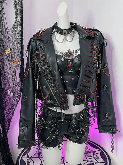 Women's Y2K Rivet Chain PU Leather Jacket
