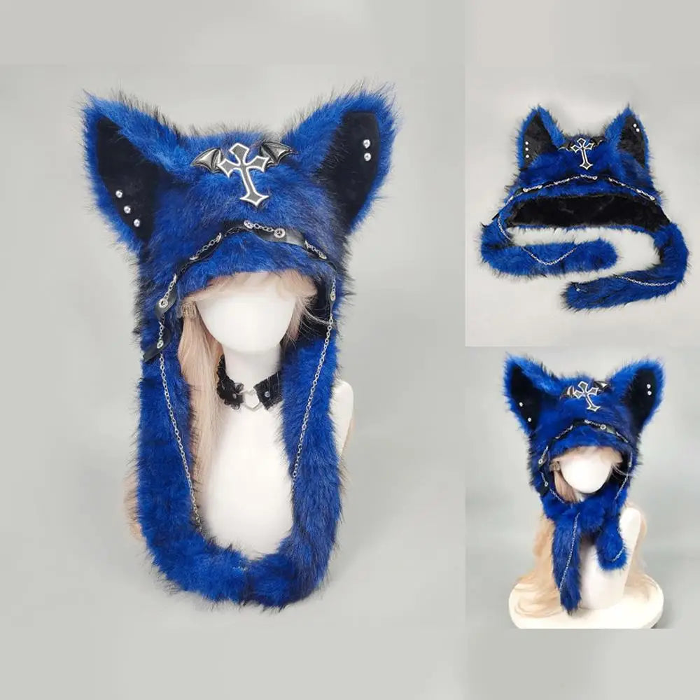 Winter Plush Beanie Hats Punk Wolf Furry Ear Protection Outdoor Windproof Caps Couples Headwear Gothic Dark Fursuit Cosplay Prop
