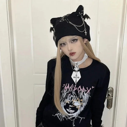 Gothic Grunge Cat Ear Bat Wing Black Beanie Hat Harajuku Punk Cross Chain Knitted Hat Women Winter Warm Chic Streetwear
