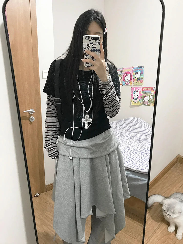 ReddaChic Wrappd Gray Sweatpants Lounge Elastic Waist Wide Leg Irregular Skirt Layering Trousers Grunge Korean Women Clothes