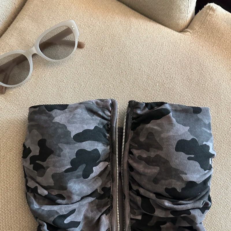 Sexy American Girl Camouflage Print Tube Top Vest Women's Summer Zipper Open Cardigan Shoulder Bared Short Style Top