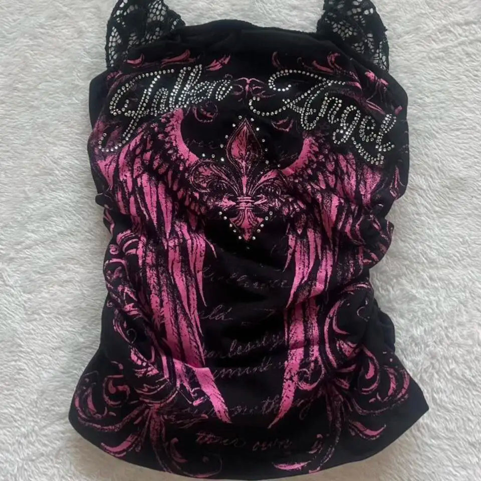 Kimotimo Vintage Letter Diamonds Print Fake Two Lace Halter Vest Women Punk Y2k Slim Sleeveless Crop Top Harajuku Gothic Tanks