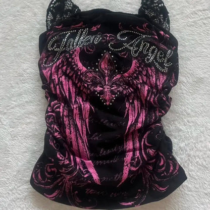 Kimotimo Vintage Letter Diamonds Print Fake Two Lace Halter Vest Women Punk Y2k Slim Sleeveless Crop Top Harajuku Gothic Tanks