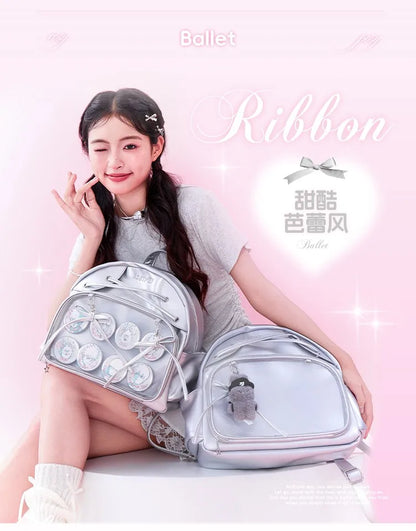 Japanese New Girls Silver Shoulder Bag Large Capacity Ribbon Itabag Student Women's Satin Messenger Bag Leather Backpacks