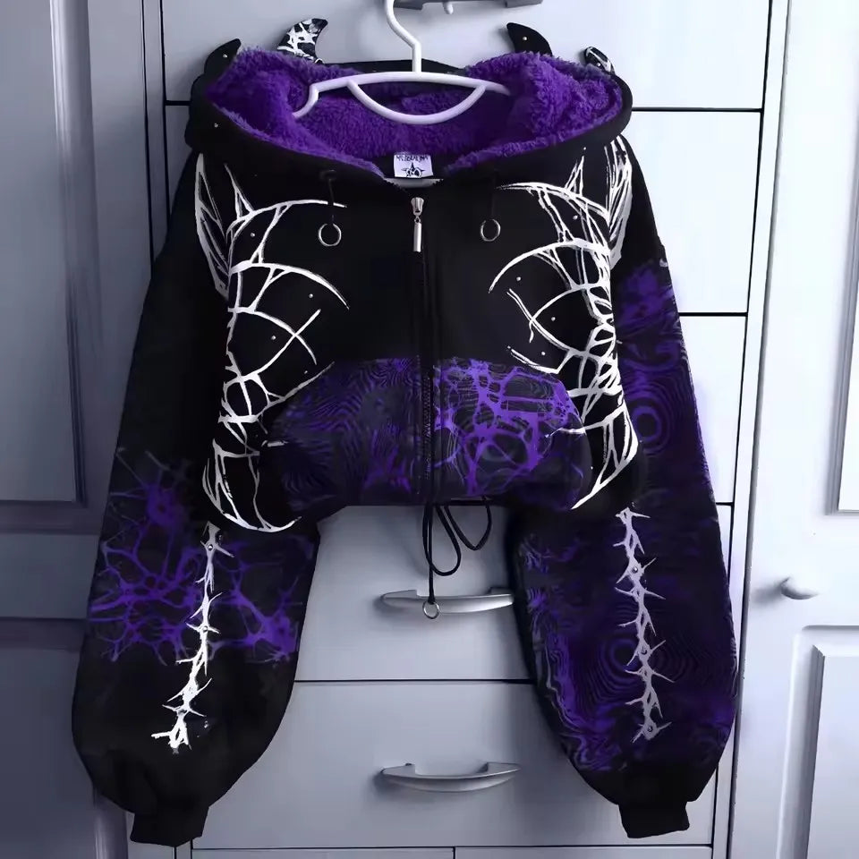 New Purple Cropped Hoodie Women Butterfly Graphic Print kawaii Cat Ear Zip Up Drawstring Waist Y2K Gothic Streetwear Sweatshirt