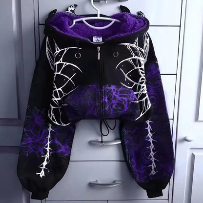 New Purple Cropped Hoodie Women Butterfly Graphic Print kawaii Cat Ear Zip Up Drawstring Waist Y2K Gothic Streetwear Sweatshirt