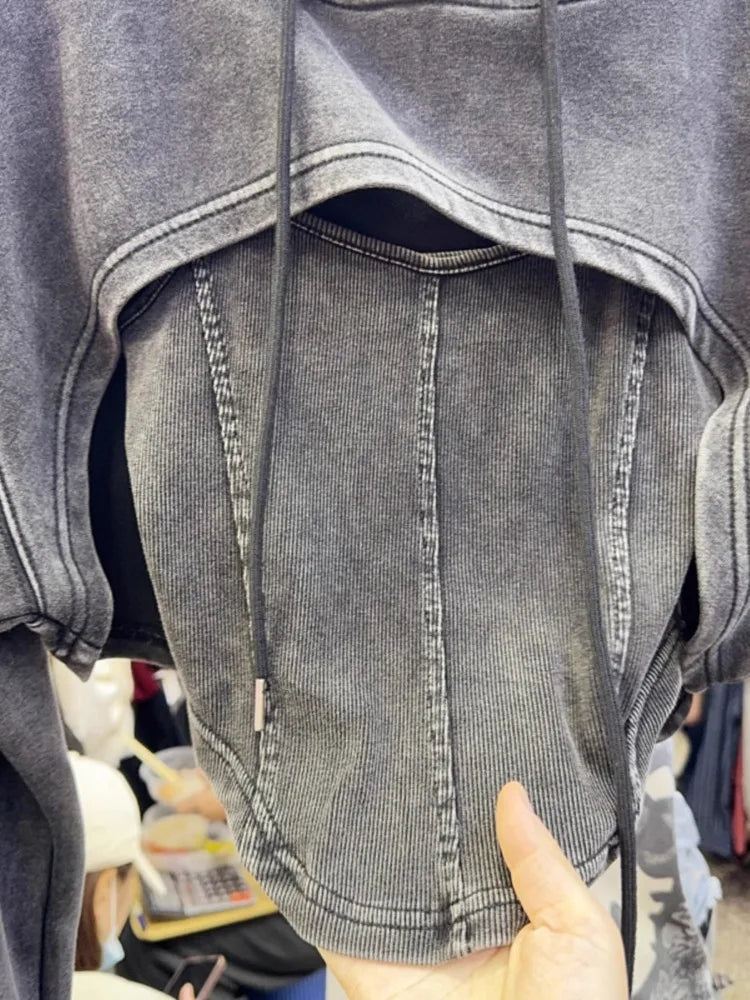 Fashion Vintage Long Sleeve Gray Hoodie Top for Women+ Y2k Slim Fit Camisole Vest 2026 Early Autumn New Two Piece Sets