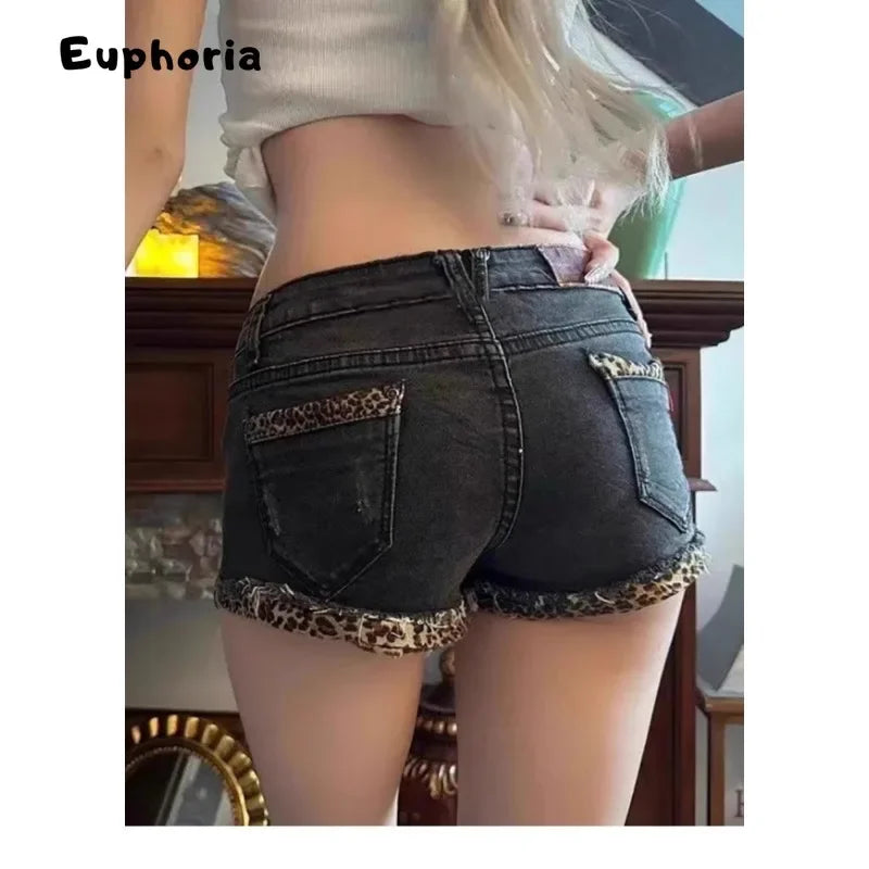 Euphoria Y2K Sheath High Waist Pleated Patchwork Skirts Without Belt Women's Slim Fit Hotsweet Sexy Style Leopard Denim Skirt