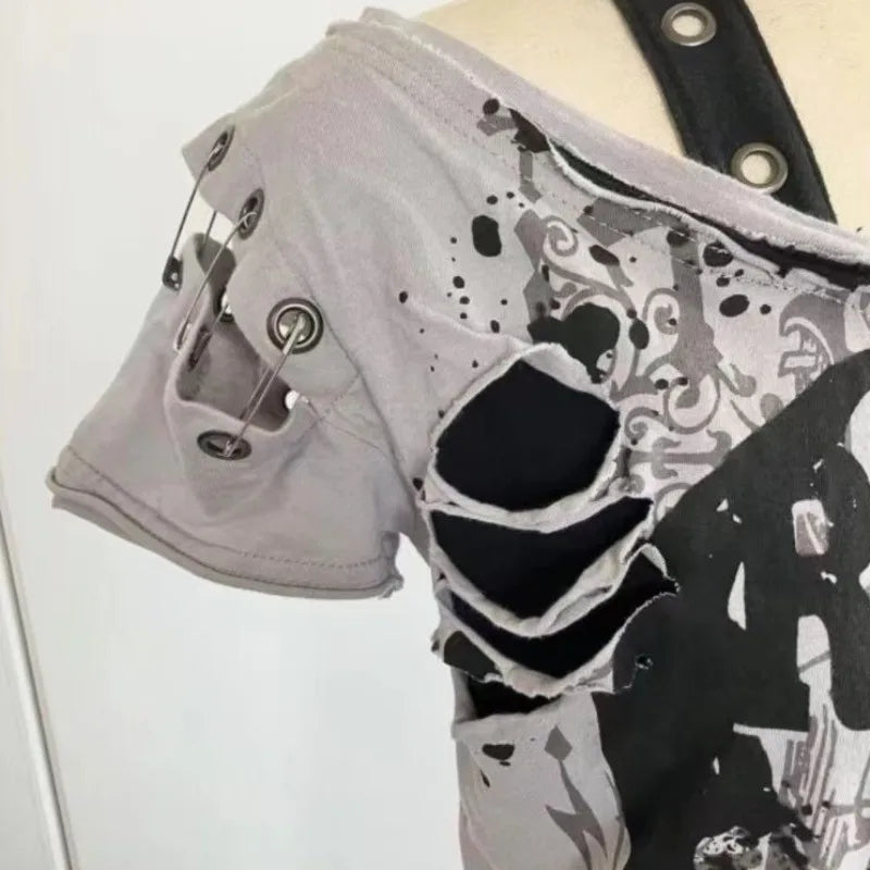 Gothic T Shirts Short sleeve Skulls Casual Punk Hip Hop Street hottie Femme Tshirt Graphic Tees Vintage Clothes 2000s Womens Top