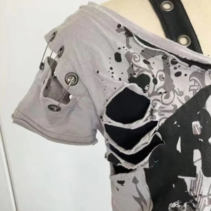 Gothic T Shirts Short sleeve Skulls Casual Punk Hip Hop Street hottie Femme Tshirt Graphic Tees Vintage Clothes 2000s Womens Top