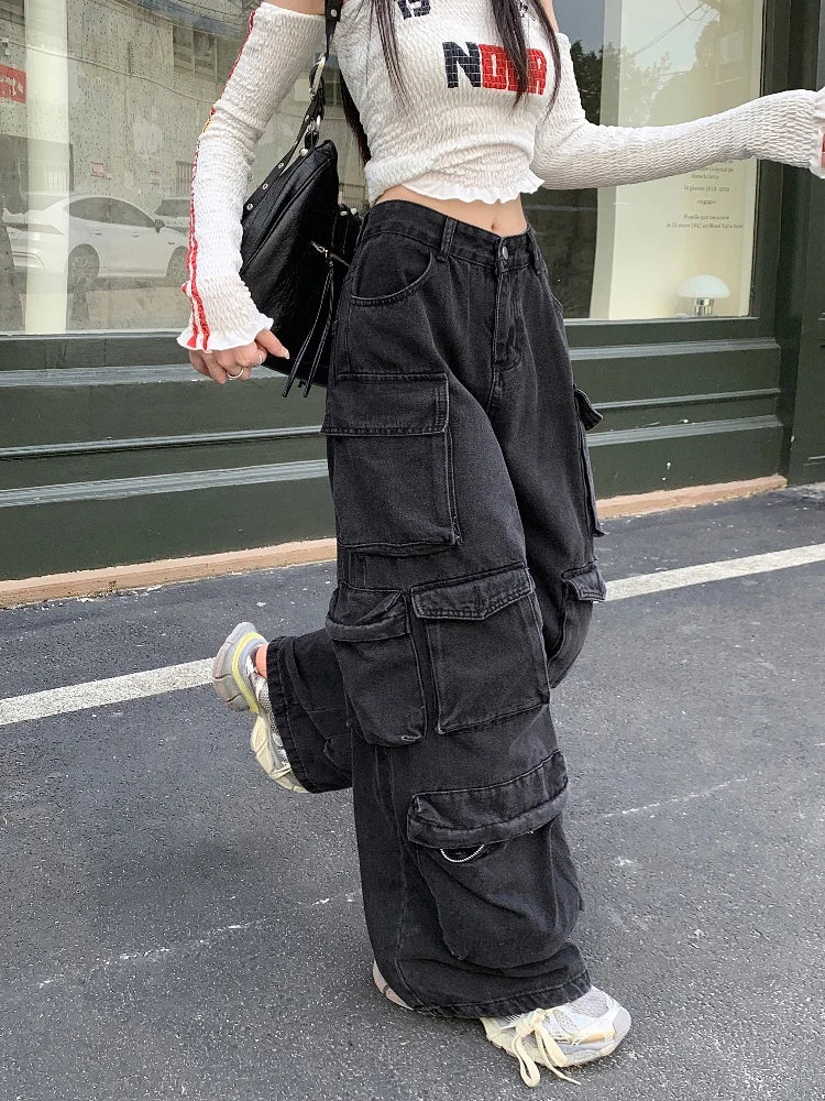 Trashy Y2K 2000S Streetwear Washed Black Baggy Jeans Cargo Pants For Women Clothes Multi Pockets Wide Leg Gothic Lady Trousers
