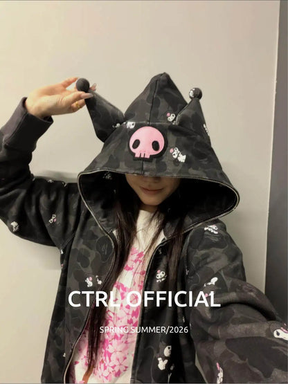 In  Stock  Anime Hello Kittys Hooded Jacket Girl Commuting Coat Jacket Kuromi Anime 3d Ears Hooded Cute Leopard Print Clothes