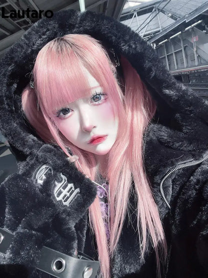Lautaro Autumn Winter Thick Warm Faux Fur Coat Women with Hood Zipper Luxury Japanese Style Punk Harajuku Fluffy Jacket 2026