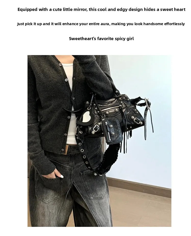 Neo Motorcycle Bag Handheld Rivet Head Layered Oil Wax Cowhide Crossbody Women's Bag Cool And Spicy Girl Retro Style Tote Bag