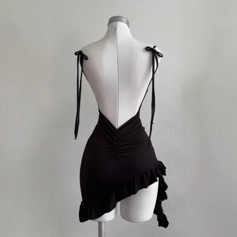 Women's Black Lace-Up Backless Mini Dress