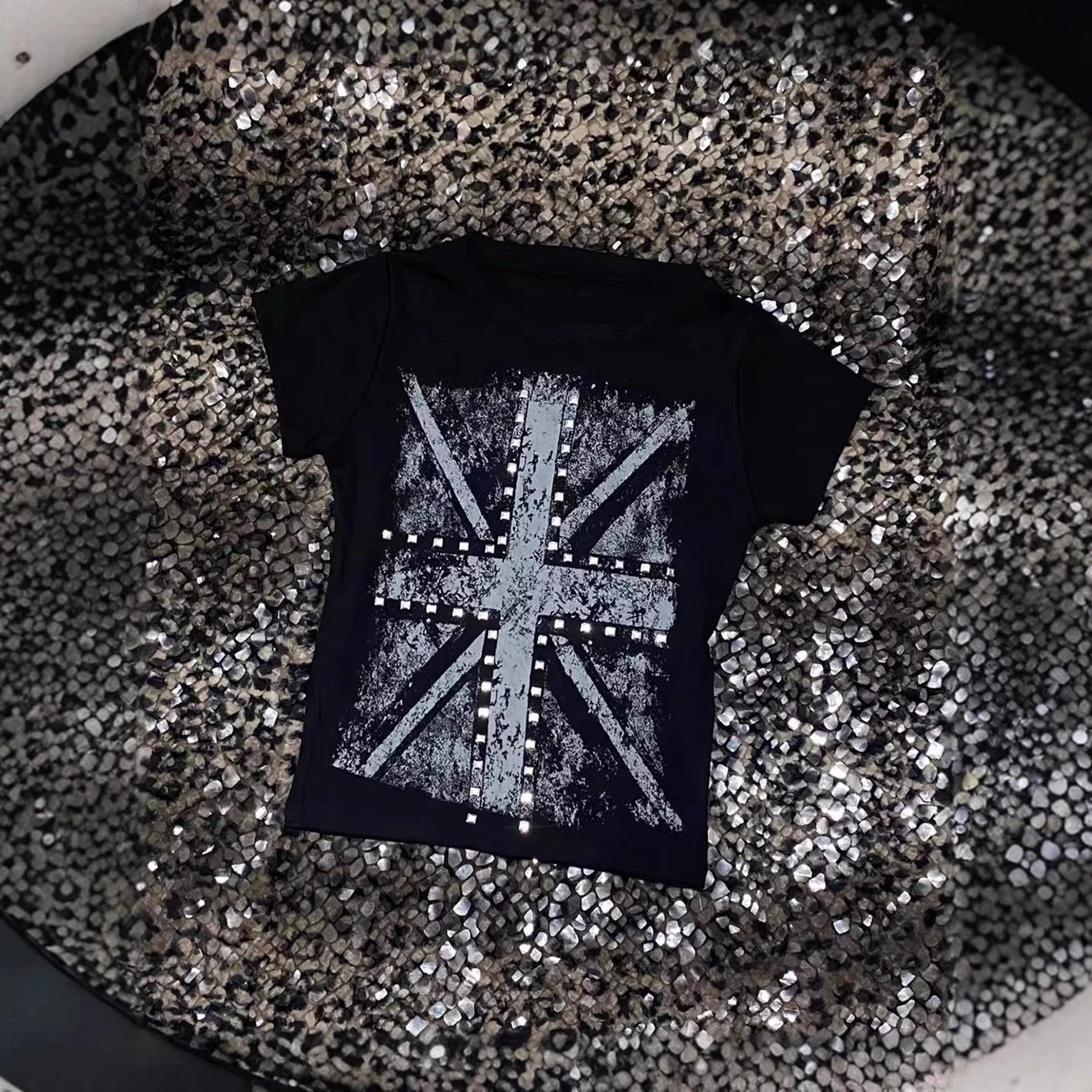 2026 Vintage Gothic Cross Hot Stamping Style Harajuku Round Neck T-Shirt Slim Fit Short Top