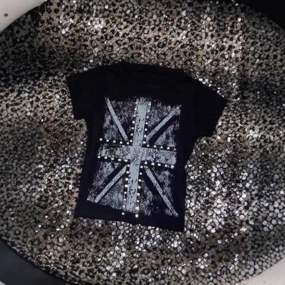 2026 Vintage Gothic Cross Hot Stamping Style Harajuku Round Neck T-Shirt Slim Fit Short Top
