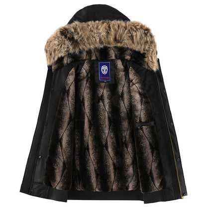 Men's Winter Warm, Hooded Jacket with Raw Edge, Lined Aviator Jacket, Embroidered Badge Design, Windproof and Waterproof Jacket