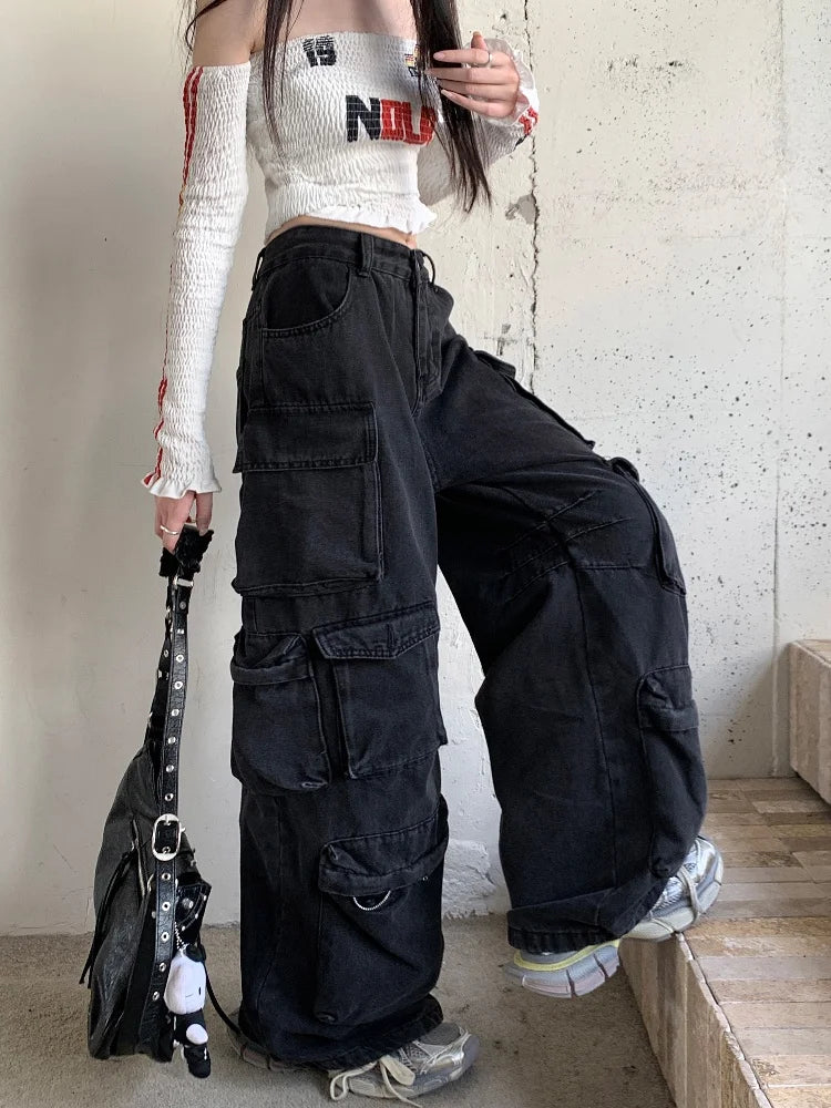 Trashy Y2K 2000S Streetwear Washed Black Baggy Jeans Cargo Pants For Women Clothes Multi Pockets Wide Leg Gothic Lady Trousers