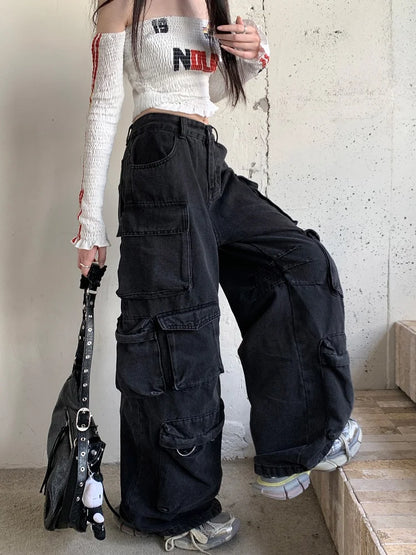 Trashy Y2K 2000S Streetwear Washed Black Baggy Jeans Cargo Pants For Women Clothes Multi Pockets Wide Leg Gothic Lady Trousers
