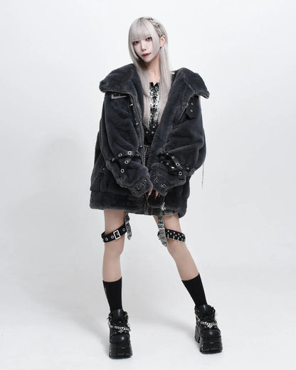 Lautaro Autumn Winter Thick Warm Faux Fur Coat Women with Hood Zipper Luxury Japanese Style Punk Harajuku Fluffy Jacket 2026