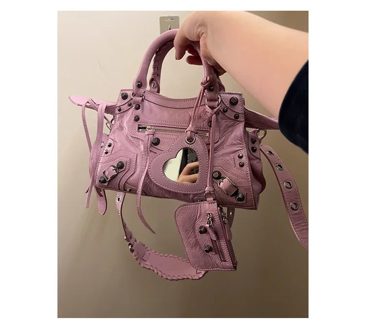 Neo Motorcycle Bag Handheld Rivet Head Layered Oil Wax Cowhide Crossbody Women's Bag Cool And Spicy Girl Retro Style Tote Bag