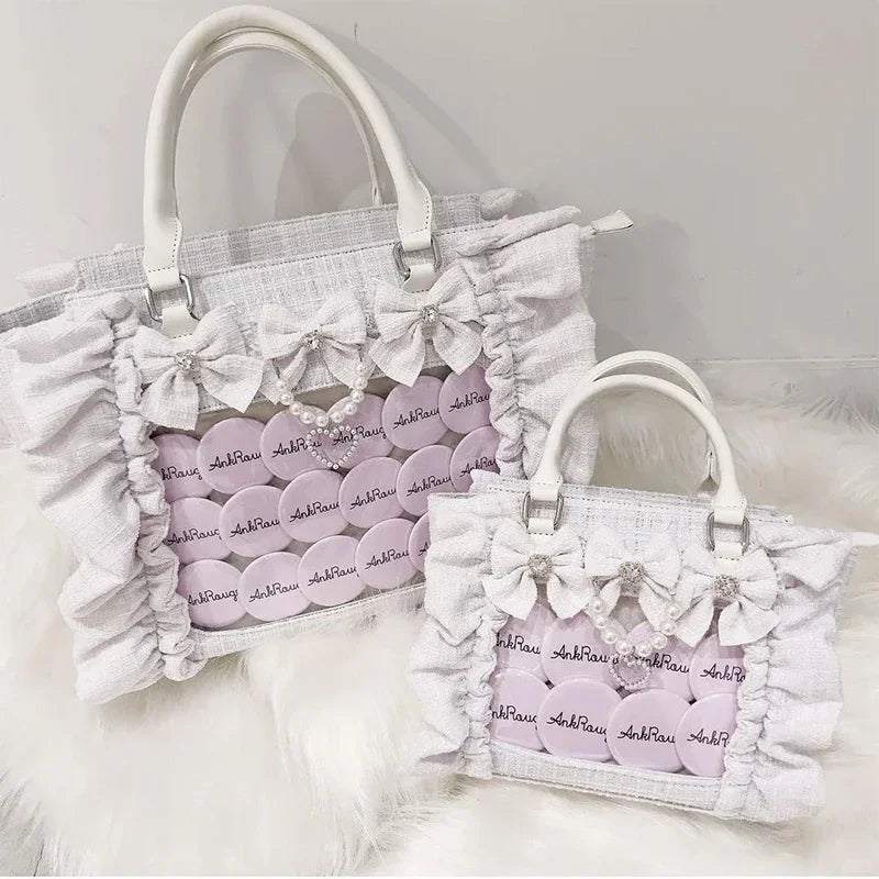 Japanese Style Mine Bags Women Ruffled Lace Lolita Girls Rhienstone Pearl Bowknot Square Tote Shoulder Portable Bolso Handbags