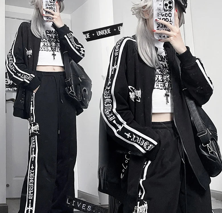 Original Printed Subculture Dark Loose Tracksuit Top and Pants Set Women's Outfits Oversized Stand Collar Zipper Sweatshirts