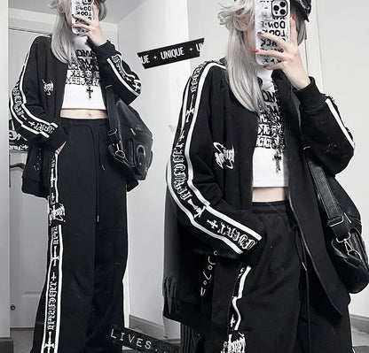 Original Printed Subculture Dark Loose Tracksuit Top and Pants Set Women's Outfits Oversized Stand Collar Zipper Sweatshirts