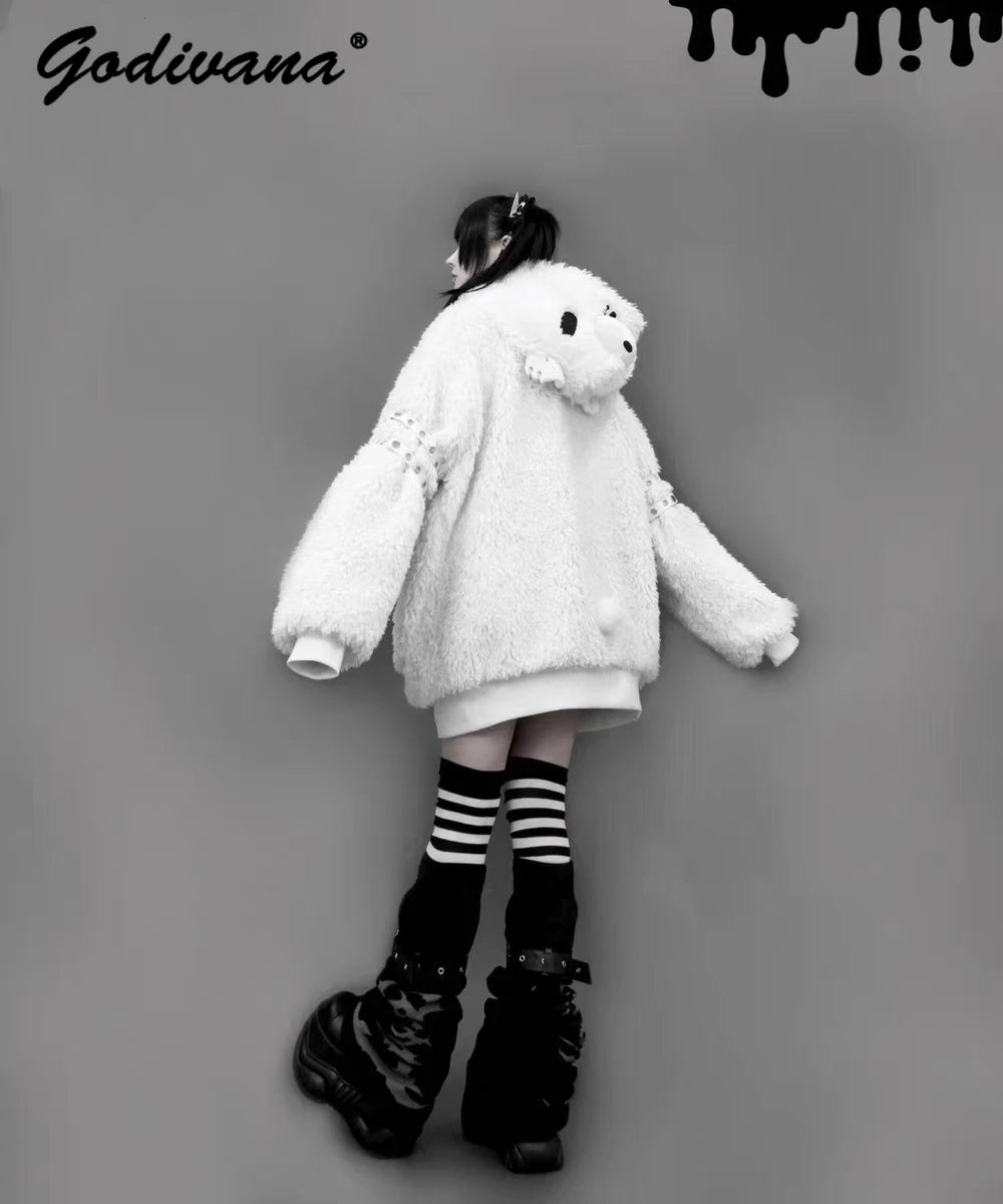 Japanese Gothic Hooded Plush Coat New Autumn Winter Subculture Cool Girl Women's Punk Rivet Lamb Wool Hoodie Jacket Zipper Coat
