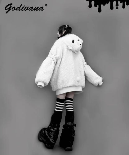 Japanese Gothic Hooded Plush Coat New Autumn Winter Subculture Cool Girl Women's Punk Rivet Lamb Wool Hoodie Jacket Zipper Coat