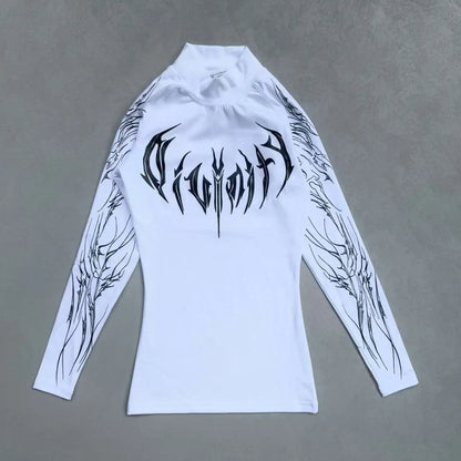 Apex Ritual – レディース長袖オフショルダーレタープリントトップス – タイトフィットカジュアルストリートウェアTシャツ