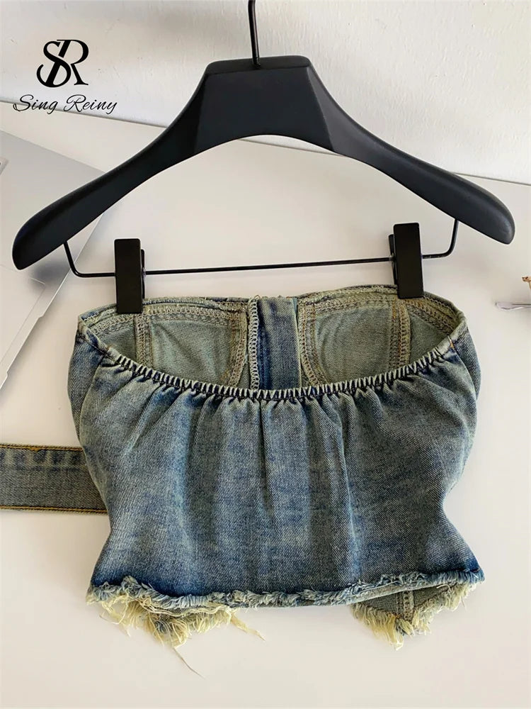 SINGREINY Vintage Denim Strapless Camis Backless Irregular Raw Hem Slim Distressed Crop Top Ladies Sashes Sexy Club Lingerie Top