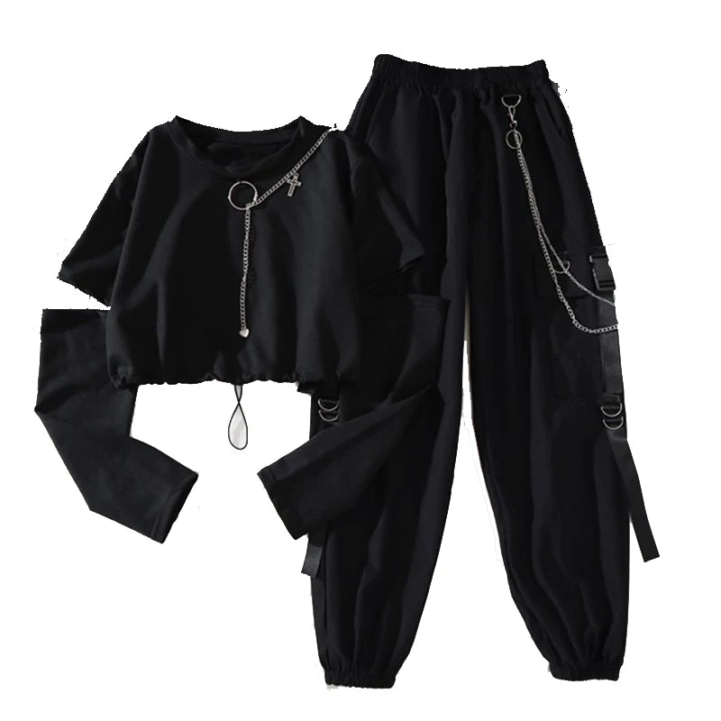 Spring Autumn Women Harajuku Cargo Pants Handsome Cool Two-piece Suit Chain - APEX RITUAL women's pants