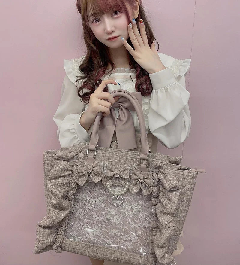 Japanese Style Mine Bags Women Ruffled Lace Lolita Girls Rhienstone Pearl Bowknot Square Tote Shoulder Portable Bolso Handbags