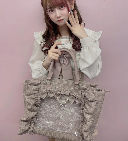 Japanese Style Mine Bags Women Ruffled Lace Lolita Girls Rhienstone Pearl Bowknot Square Tote Shoulder Portable Bolso Handbags